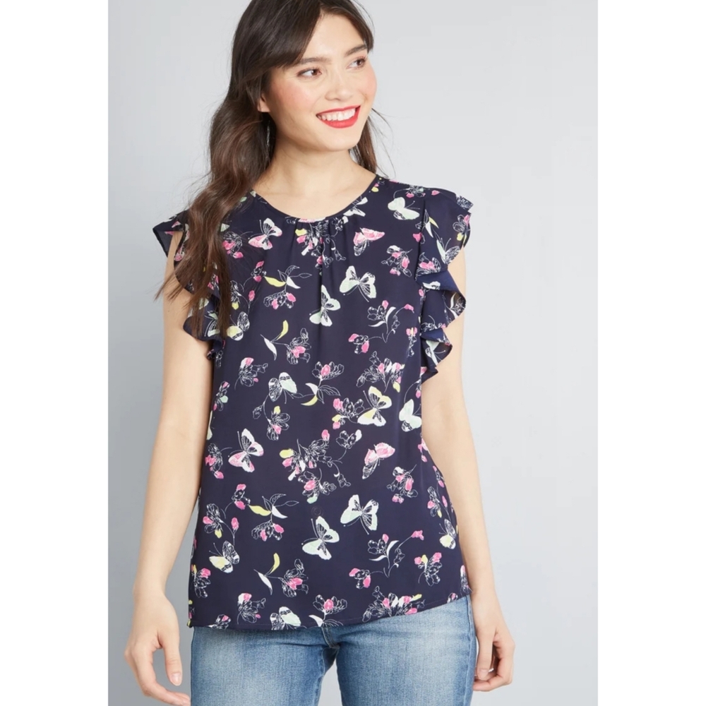 NWT Modcloth Equal Reaction Ruffle Top Size XXSmall Color Navy Floral